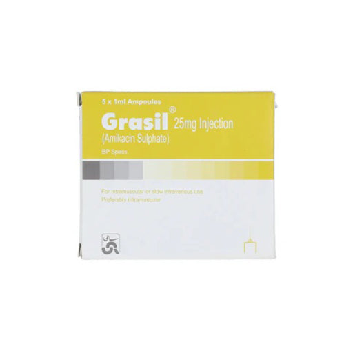 Grasil 25 mg / 1 ml Injection – Box of 5 Ampoules (Amikacin Antibiotic)