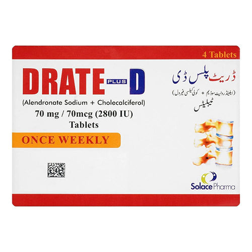 Drate Plus D 70mg Tablets – Alendronate Sodium with Vitamin D3 for Bone Strength & Osteoporosis (4 Tablets)