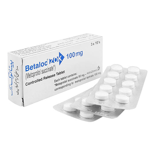 Betaloc Zok 100mg Tablets – 30 Tablets | Metoprolol Succinate Extended-Release | High Blood Pressure, Chest Pain & Heart Protection